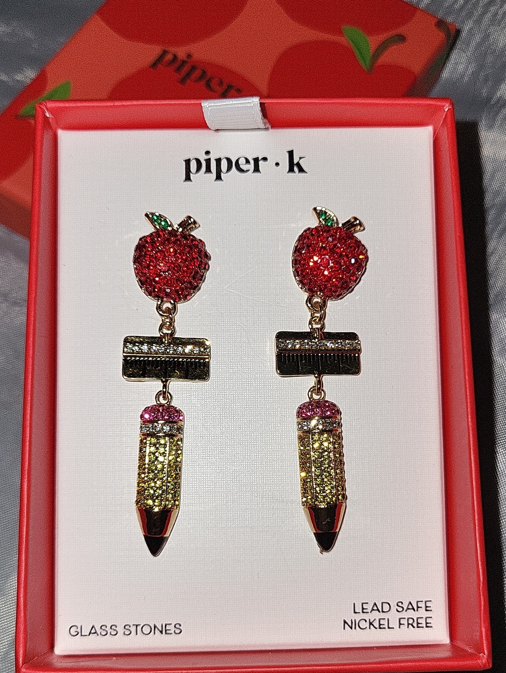 Piper K Red Apple, Gold Pencil And Ruler Drop Earrings Te M